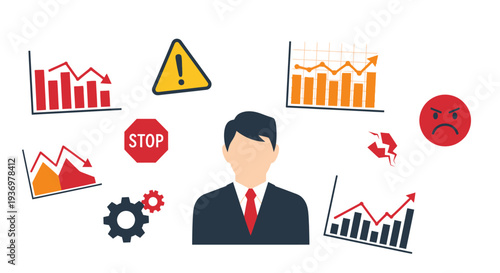 Businessman surrounded by negative business indicators like falling graphs, warning signs, and angry emoji, depicting financial crisis and challenges, in bright studio.