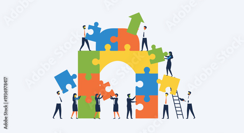 Diverse group of small people working together to assemble a giant jigsaw puzzle arch, symbolizing teamwork and problem-solving, in bright studio.