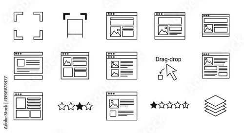 Comprehensive Website UI Outline Icons Set for Browser Interface and Interaction, isolated white background