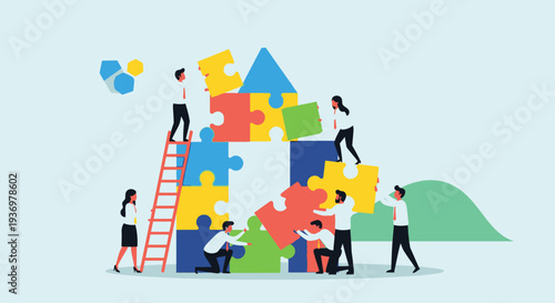 Diverse Business Team Collaborating to Build a Large Puzzle Together, Teamwork and Problem-Solving Concept