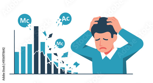 Stressed Man Holding His Head, Overwhelmed by Falling Business Graph Data Representing Financial Decline or Failure on a White Background