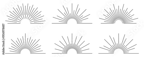 Sunburst rays set in minimalist line art style. Abstract sunrise and radiant sun beam elements with geometric lines and semi circle shapes. Retro sun rays and sunburst design elements. Vector