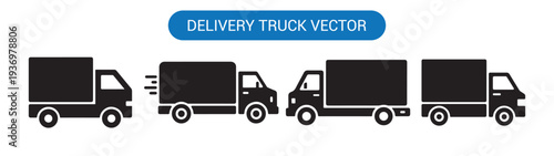 Transport cargo Truck flat icon set. Black delivery van and truck icons. E-commerce shipping Truck symbol collection