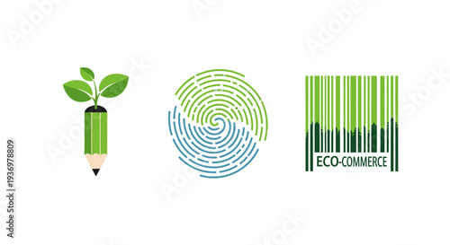 Set of eco-friendly and sustainable concept icons, featuring a growing pencil, a green fingerprint spiral, and an "ECO-COMMERCE" barcode, all on an isolated white background.