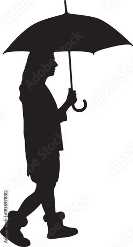 vector, silhouette of side view of a woman walking with an open umbrella