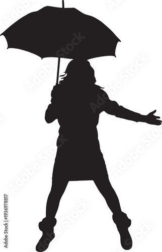 vector,  Silhouette of a happy woman jumping with an umbrella