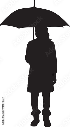 vector, silhouette of front view of a woman standing with an open umbrella