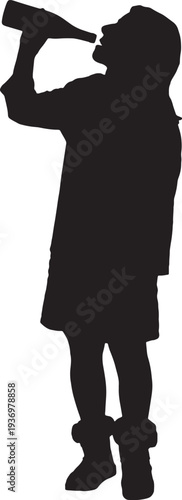 vector,  silhouette of Side view of a  woman drinking a empty bottle of glass
