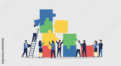 Diverse team of people collaborating to build a structure with large colorful puzzle pieces, symbolizing teamwork and problem-solving.