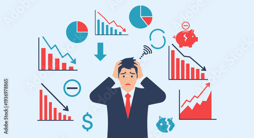 Anxious businessman experiencing financial crisis and economic downturn, surrounded by various declining charts, money symbols, and a broken piggy bank on a light blue background.