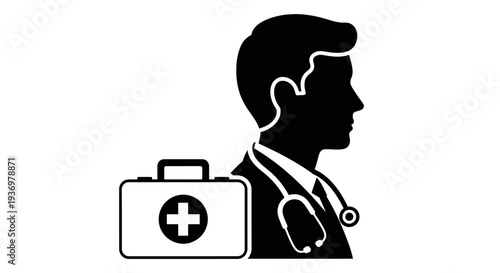 Silhouette of a doctor's head profile with a stethoscope and a medical first aid bag, symbolizing healthcare, medical professionalism, and emergency services on an isolated white background.