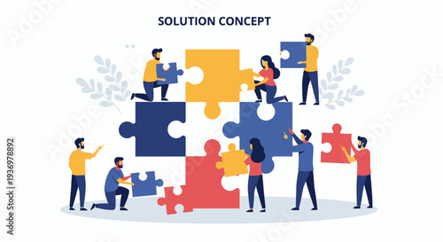 Diverse group of people collaborating to assemble a large colorful jigsaw puzzle, representing a solution concept and effective problem-solving through teamwork on a light blue background.