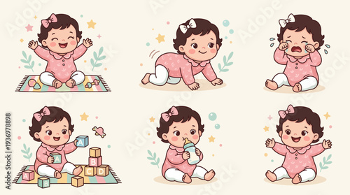 Cute Baby Girl Cartoon Character Set with Different Poses Nursery Vector Illustration