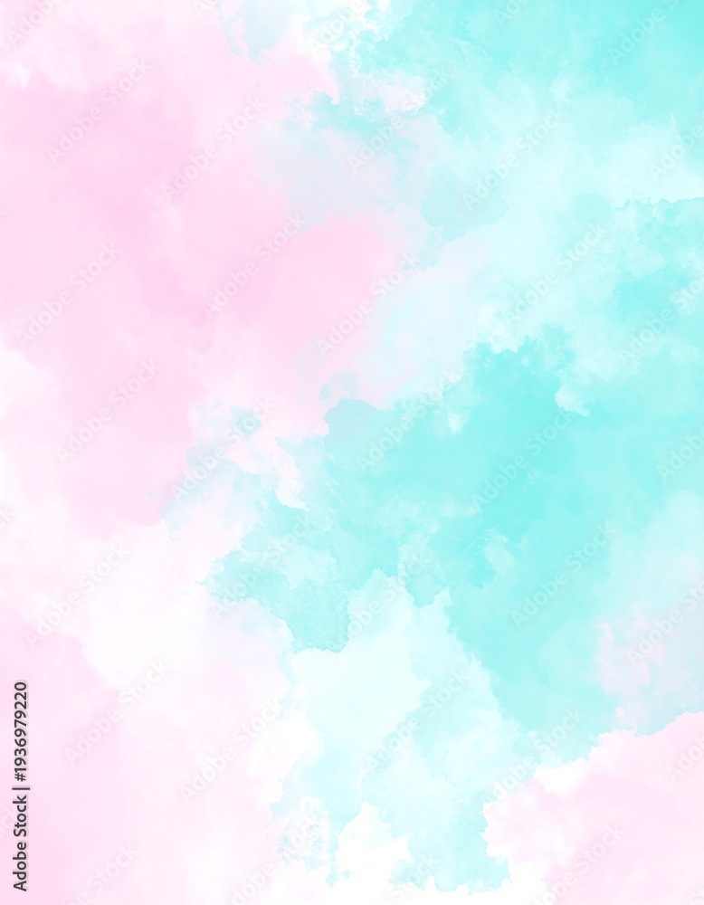 Obraz premium An abstract watercolor painting featuring soft, pastel-colored blotches of pink and teal on a white background. The blended colors create a dreamy, ethereal effect