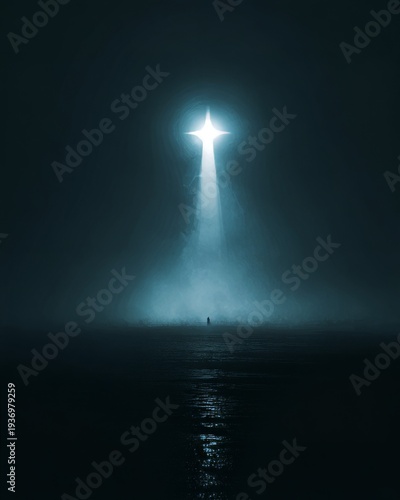 Abstract depiction of a cross silhouette formed by bright light shining through dark fog.