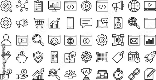 Business and technology line icon set featuring marketing analytics, ecommerce, communication, security, coding, finance and office management symbols