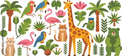 Cute cartoon jungle animals vector set with giraffe flamingo birds bear palm trees leaves and tropical nature elements illustration
