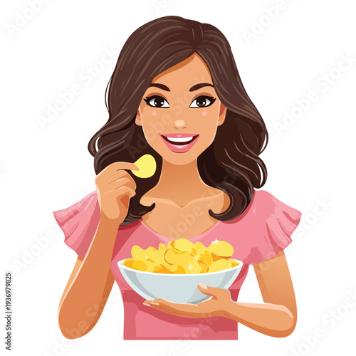 Woman enjoying potato chips from a bowl