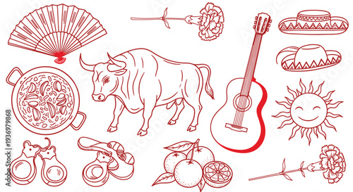 Spanish cultural symbols collection including bullfighting fan guitar paella flamenco castanets sun and oranges