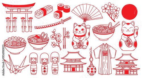 Japanese cultural icons and symbols collection in red line art style for travel and traditional art themes