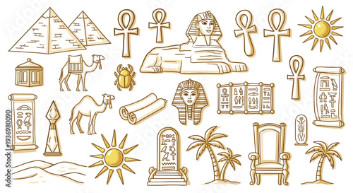 Ancient Egyptian Symbols and Landmarks Collection Featuring Pyramids Sphinx Scarab Camel Ankh and Hieroglyphs