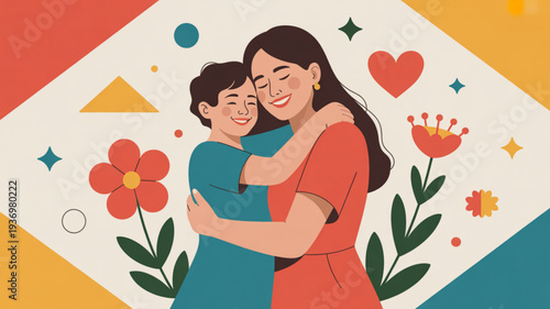 Loving mother and son hugging with flowers and hearts in colorful background