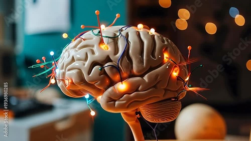 AI generated video of brain model neural science research electrode probe brain computer interface biotechnology lab scene
