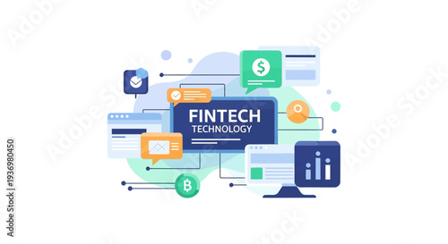 Fintech Technology Concept Illustration. Digital Finance, Banking, Cryptocurrency, and Payment Services Network.