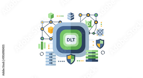 Distributed Ledger Technology (DLT) Concept Illustration with Network Nodes, Blockchain, and Secure Data Storage.
