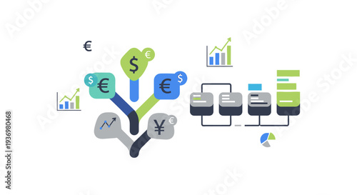 Fintech Investment Diversification and Data Analysis Flow. Global currency strategy, financial management, and business growth vector illustration.