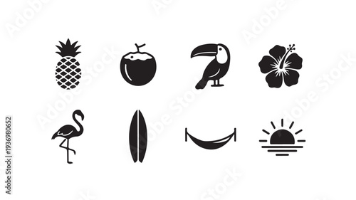 Tropical Summer Vacation and Island Life Icons Set