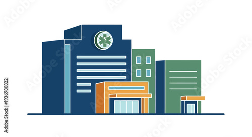 Modern medical center architecture; a collection of hospital buildings and clinics forming a healthcare campus