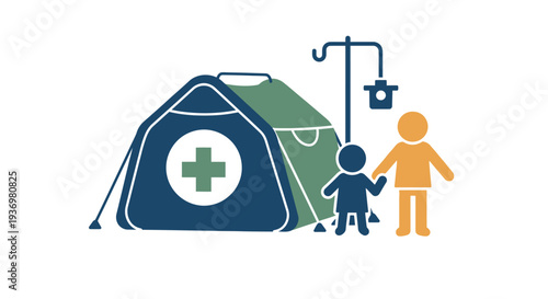 Emergency medical tent with patient and caregiver illustration