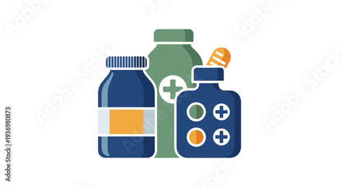 Diverse collection of health-related bottles, pills, and medical supply illustrations