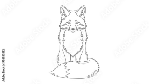 Artful Fox Illustration: A detailed line drawing of a charming fox in a seated position, capturing its elegant features and captivating presence.