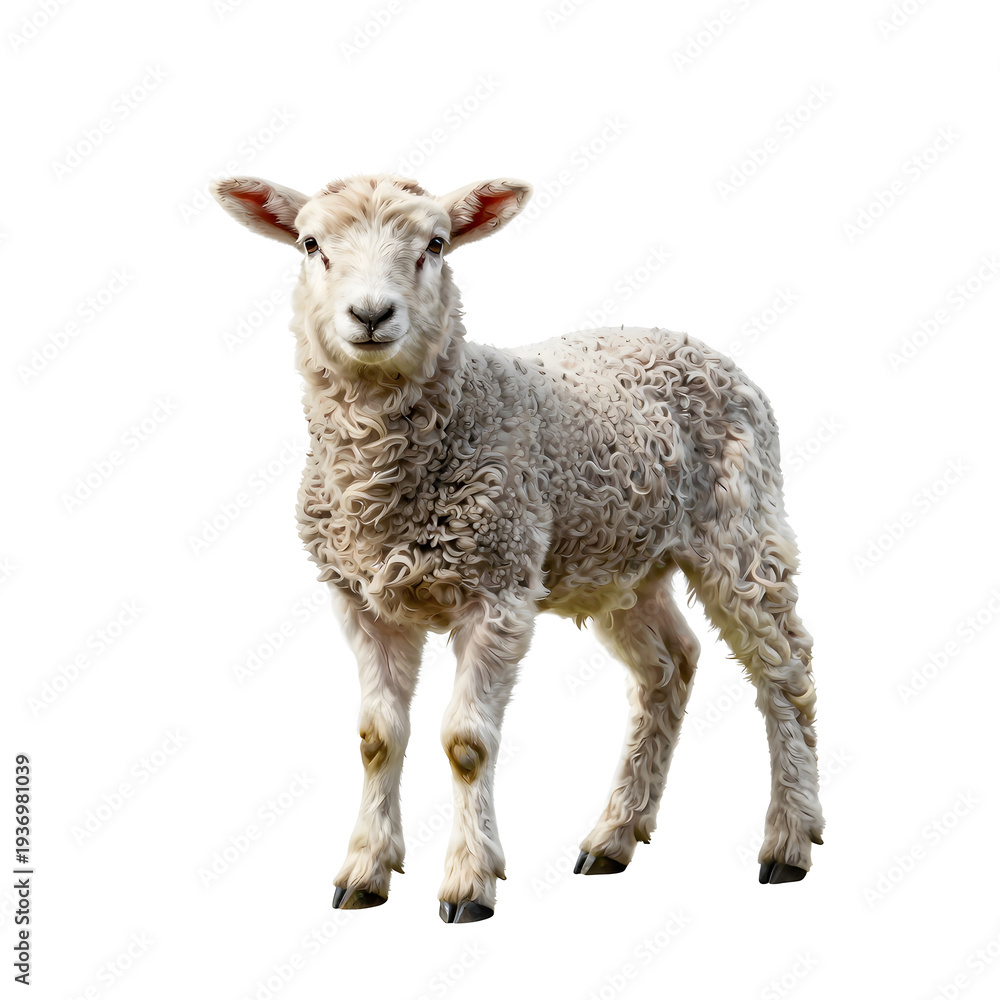 Fototapeta premium Adorable lamb stands on a white background with woolly fleece and a sweet expression