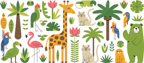 Cute cartoon jungle animals vector set with giraffe flamingo birds bear palm trees leaves and tropical nature elements illustration