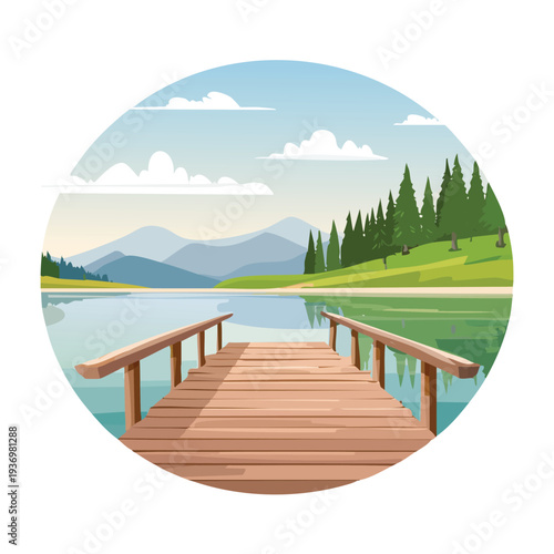 Wooden pier over tranquil lake with scenic mountains