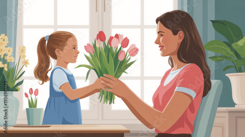 Little girl giving bouquet of pink tulips to smiling woman in cozy home interior with plants