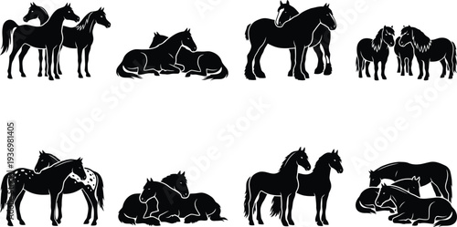 Collection of black silhouette horses in various poses and groupings for creative projects