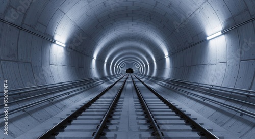 Deep perspective view inside a massive concrete infrastructure tunnel, showing converging lines and the transition point of two rail tracks merging, subway, junction, passage