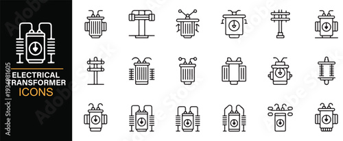 Electricity transformer and power grid line icon set