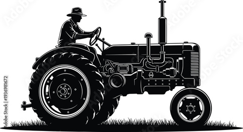 Farmer driving vintage tractor silhouette in agricultural field, classic farming machinery illustration representing rural agriculture and traditional farm work