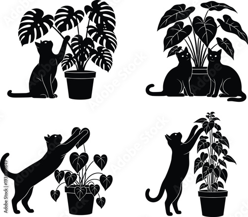 Cute cat silhouettes playing with monstera houseplant leaves in pots set of feline pets and indoor greenery for home decor vector illustration