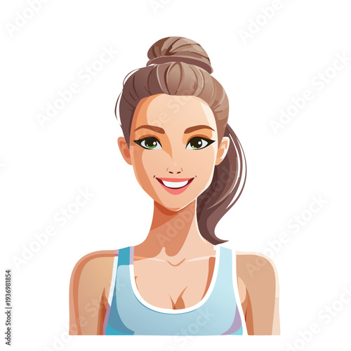Woman with hair bun smiling portrait against white background