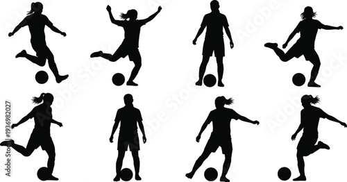 Female Soccer Player Silhouette Set Featuring Women Athletes Kicking Dribbling and Playing Football for Sports Competition and Active Lifestyle Concept Design