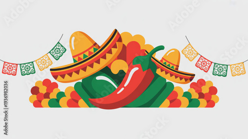 Vibrant mexican fiesta elements with sombreros chili peppers and colorful banners on white background