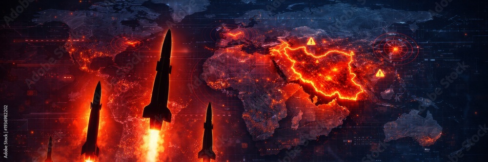 Obraz premium Ballistic missiles launching toward glowing map of Iran on world map background. Dramatic wide website banner about military escalation, missile strike and geopolitical tension.