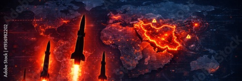 Ballistic missiles launching toward glowing map of Iran on world map background. Dramatic wide website banner about military escalation, missile strike and geopolitical tension.