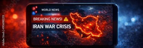 Smartphone displaying breaking news headline about Iran war crisis with glowing map on screen. Wide website banner concept of global news, international conflict and media coverage.